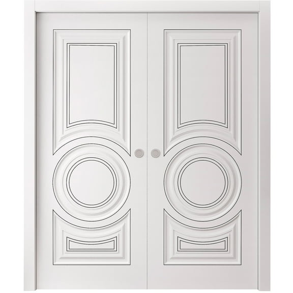 Sliding Double Pocket Doors 36 x 80 inches | CLASSIC 5589 White Enamel | Kit Rail Hardware | Solid Wood Interior Bedroom Doors