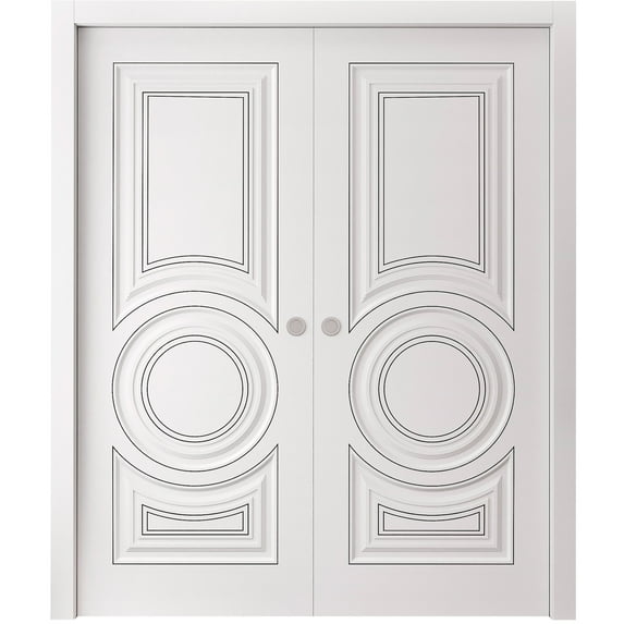 Sliding Double Pocket Doors 64 x 80 inches | CLASSIC 5589 White Enamel | Kit Rail Hardware | Solid Wood Interior Bedroom Doors