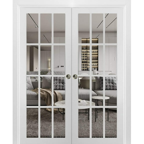 Sliding French Double Pocket Doors 12 lites | Felicia 3355 | Kit Trims Rail Hardware | Solid Wood Interior Bedroom Sturdy Doors