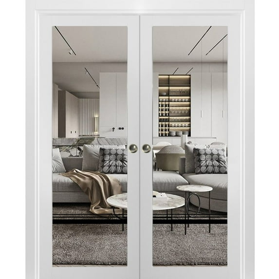 Sliding French Double Pocket Doors 36 x 80 inches | Lucia 2666 White Silk Clear Glass | Kit Trims Rail Hardware | Solid Wood Interior Bedroom Sturdy Doors