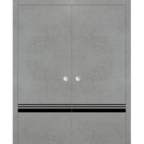 Sliding French Double Pocket Doors 36 x 80 inches | Planum 0012 Concrete with Frosted Glass | Kit Trims Rail Hardware | Solid Wood Interior Bedroom Sturdy Doors