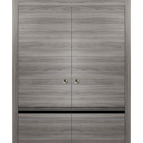 Sliding French Double Pocket Doors 36 x 80 inches | Planum 0012 Grey Matte with Frosted Glass | Kit Trims Rail Hardware | Solid Wood Interior Bedroom Sturdy Doors
