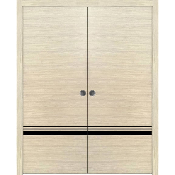 Sliding French Double Pocket Doors 36 x 80 inches | Planum 0012 Natural Veneer with Frosted Glass | Kit Trims Rail Hardware | Solid Wood Interior Bedroom Sturdy Doors