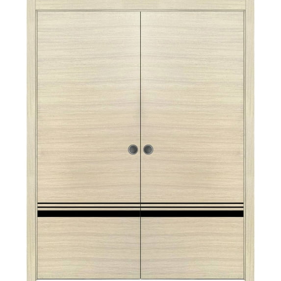Sliding French Double Pocket Doors 36 x 80 inches | Planum 0012 Natural Veneer with Frosted Glass | Kit Trims Rail Hardware | Solid Wood Interior Bedroom Sturdy Doors