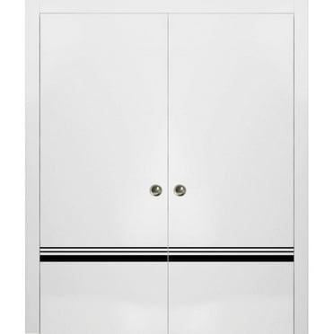 Sliding French Double Pocket Doors 36 x 80 inches | Planum 0012 White Silk with Frosted Glass | Kit Trims Rail Hardware | Solid Wood Interior Bedroom Sturdy Doors