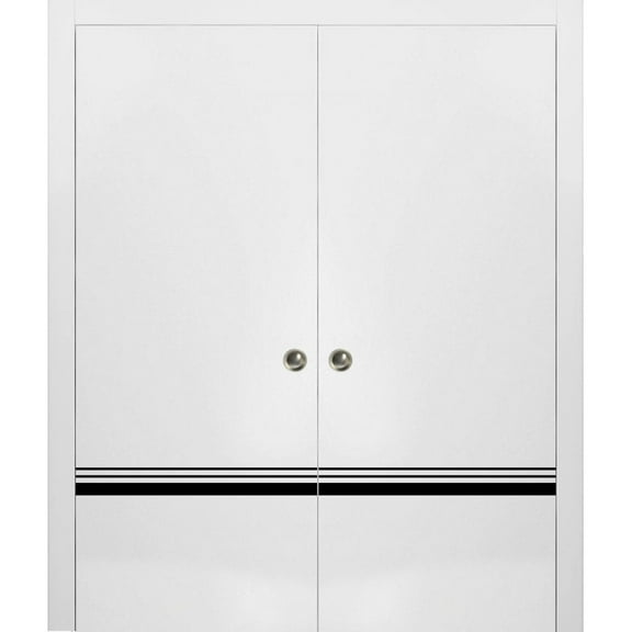 Sliding French Double Pocket Doors 36 x 80 inches | Planum 0012 White Silk with Frosted Glass | Kit Trims Rail Hardware | Solid Wood Interior Bedroom Sturdy Doors