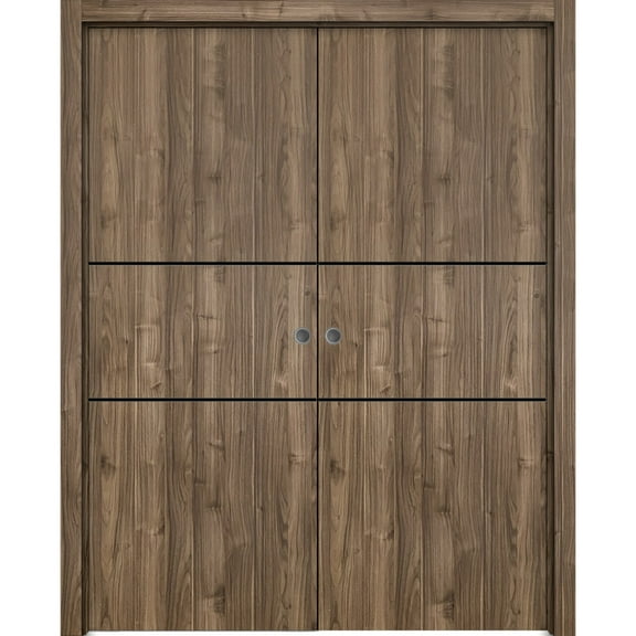 Sliding French Double Pocket Doors 36 x 80 inches | Planum 0014 Walnut with Frosted Glass | Kit Trims Rail Hardware | Solid Wood Interior Bedroom Sturdy Doors