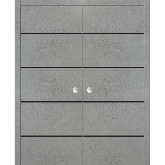 Sliding French Double Pocket Doors 36 x 80 inches | Planum 0015 Concrete with Frosted Glass | Kit Trims Rail Hardware | Solid Wood Interior Bedroom Sturdy Doors