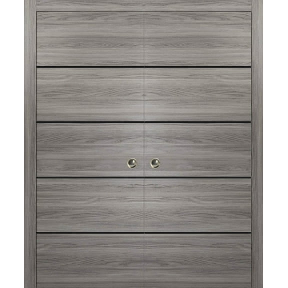 Sliding French Double Pocket Doors 36 x 80 inches | Planum 0015 Ginger Ash with Frosted Glass | Kit Trims Rail Hardware | Solid Wood Interior Bedroom Sturdy Doors