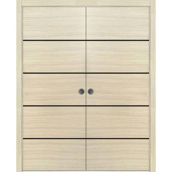 Sliding French Double Pocket Doors 36 x 80 inches | Planum 0015 Natural Veneer with Frosted Glass | Kit Trims Rail Hardware | Solid Wood Interior Bedroom Sturdy Doors