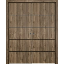 Sliding French Double Pocket Doors 36 x 80 inches | Planum 0015 Walnut with Frosted Glass | Kit Trims Rail Hardware | Solid Wood Interior Bedroom Sturdy Doors