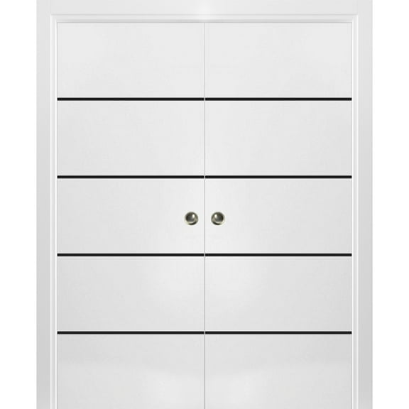 Sliding French Double Pocket Doors 36 x 80 inches | Planum 0015 White Silk with Frosted Glass | Kit Trims Rail Hardware | Solid Wood Interior Bedroom Sturdy Doors