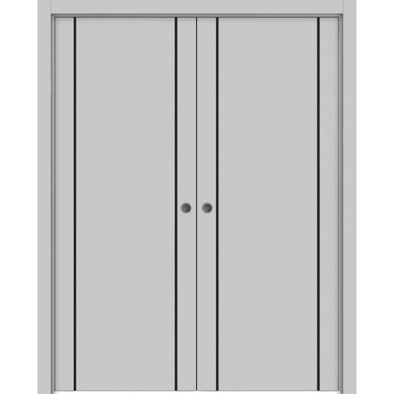 Sliding French Double Pocket Doors 36 x 80 inches | Planum 0016 Grey Matte with Frosted Glass | Kit Trims Rail Hardware | Solid Wood Interior Bedroom Sturdy Doors