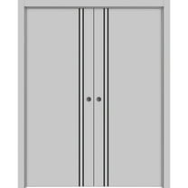 Sliding French Double Pocket Doors 36 x 80 inches | Planum 0016 Grey Matte with Frosted Glass | Kit Trims Rail Hardware | Solid Wood Interior Bedroom Sturdy Doors