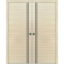 Sliding French Double Pocket Doors 36 x 80 inches | Planum 0016 Natural Veneer with Frosted Glass | Kit Trims Rail Hardware | Solid Wood Interior Bedroom Sturdy Doors