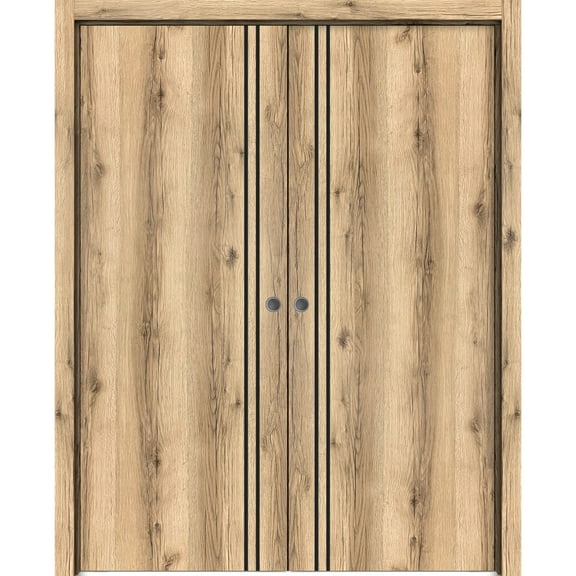 Sliding French Double Pocket Doors 36 x 80 inches | Planum 0016 Oak with Frosted Glass | Kit Trims Rail Hardware | Solid Wood Interior Bedroom Sturdy Doors