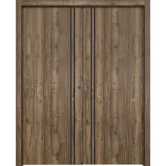 Sliding French Double Pocket Doors 36 x 80 inches | Planum 0016 Walnut with Frosted Glass | Kit Trims Rail Hardware | Solid Wood Interior Bedroom Sturdy Doors