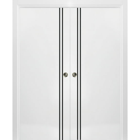 Sliding French Double Pocket Doors 36 x 80 inches | Planum 0016 White Silk with Frosted Glass | Kit Trims Rail Hardware | Solid Wood Interior Bedroom Sturdy Doors