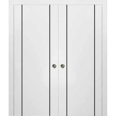 Sliding French Double Pocket Doors 36 x 80 inches | Planum 0016 White Silk with Frosted Glass | Kit Trims Rail Hardware | Solid Wood Interior Bedroom Sturdy Doors