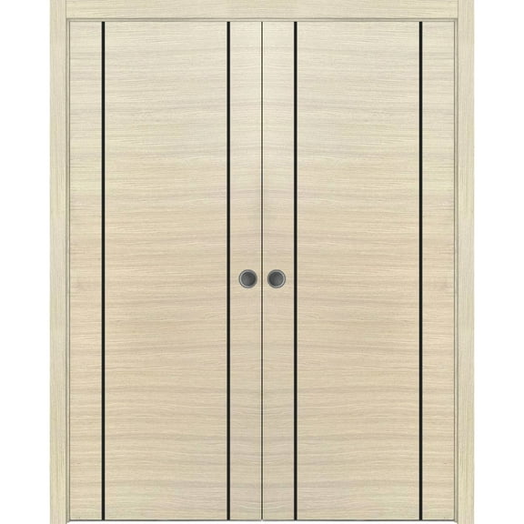 Sliding French Double Pocket Doors 36 x 80 inches | Planum 0017 Natural Veneer with Frosted Glass | Kit Trims Rail Hardware | Solid Wood Interior Bedroom Sturdy Doors