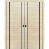 Sliding French Double Pocket Doors 36 x 80 inches | Planum 0017 Natural Veneer with Frosted Glass | Kit Trims Rail Hardware | Solid Wood Interior Bedroom Sturdy Doors