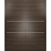 Sliding French Double Pocket Doors 36 x 80 inches | Planum 0110 Chocolate Ash with Frosted Glass | Kit Trims Rail Hardware | Solid Wood Interior Bedroom Sturdy Doors