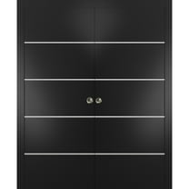 Sliding French Double Pocket Doors 36 x 80 inches | Planum 0210 Matte Black with Frosted Glass | Kit Trims Rail Hardware | Solid Wood Interior Bedroom Sturdy Doors