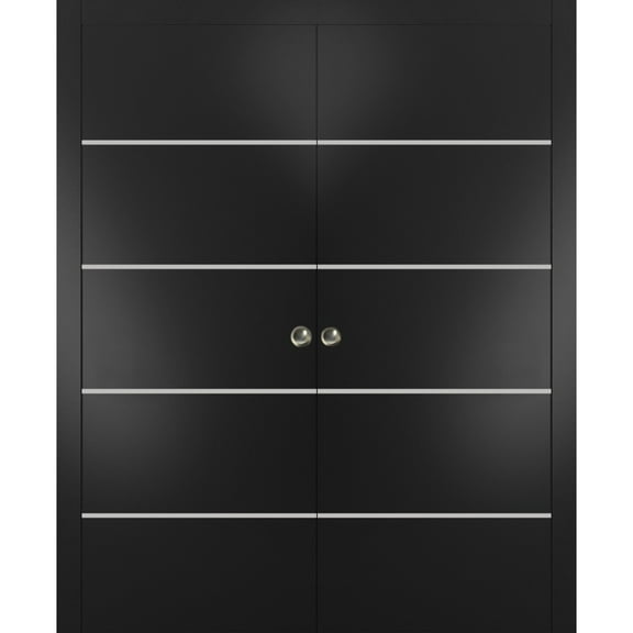 Sliding French Double Pocket Doors 36 x 80 inches | Planum 0210 Matte Black with Frosted Glass | Kit Trims Rail Hardware | Solid Wood Interior Bedroom Sturdy Doors