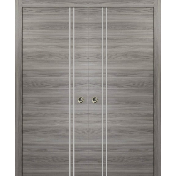 Sliding French Double Pocket Doors 36 x 80 inches | Planum 0310 Ginger Ash with Frosted Glass | Kit Trims Rail Hardware | Solid Wood Interior Bedroom Sturdy Doors