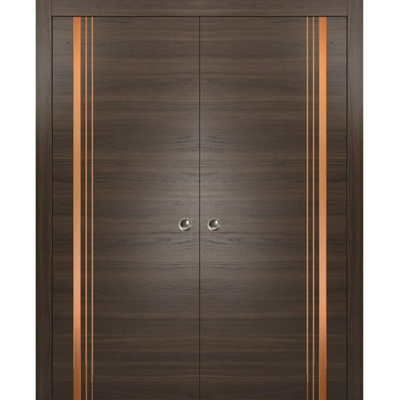 Sliding French Double Pocket Doors 36 x 80 inches | Planum 1010 Chocolate Ash with Frosted Glass | Kit Trims Rail Hardware | Solid Wood Interior Bedroom Sturdy Doors