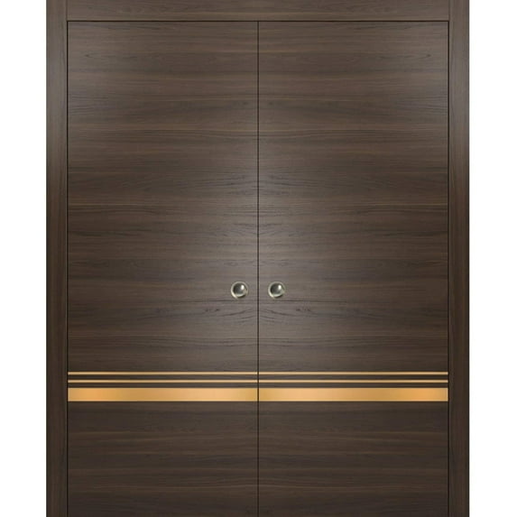 Sliding French Double Pocket Doors 36 x 80 inches | Planum 2010 Chocolate Ash with Frosted Glass | Kit Trims Rail Hardware | Solid Wood Interior Bedroom Sturdy Doors