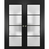 Sliding French Double Pocket Doors 36 x 80 inches | Planum 2132 Matte Black Frosted Glass | Kit Trims Rail Hardware | Solid Wood Interior Bedroom Sturdy Doors