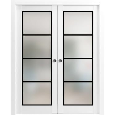 Sliding French Double Pocket Doors 36 x 80 inches | Planum 2132 White Silk Frosted Glass | Kit Trims Rail Hardware | Solid Wood Interior Bedroom Sturdy Doors