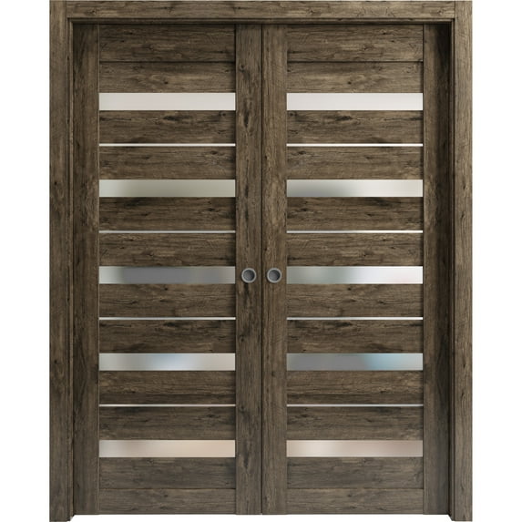 Sliding French Double Pocket Doors 36 x 80 inches | Quadro 4445 Cognac Oak with Frosted Glass | Kit Trims Rail Hardware | Solid Wood Interior Bedroom Sturdy Doors