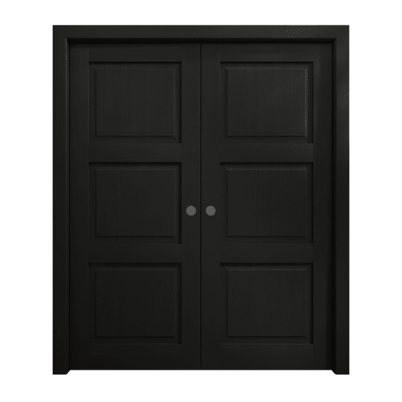Sliding French Double Pocket Doors 36 x 84 inches | Ego 5010 Painted Black Oak | Kit Rail Hardware | Solid Wood Interior Bedroom Modern Doors
