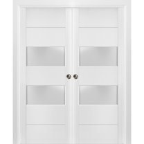 Sliding French Double Pocket Doors 36 x 84 inches Frosted Glass 2 lites| Lucia 4010 White Silk | Kit Trims Rail Hardware | Solid Wood Interior Bedroom Sturdy Doors