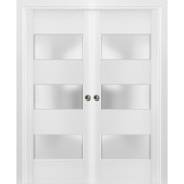 Sliding French Double Pocket Doors 36 x 84 inches Frosted Glass 3 Lites| Lucia 4070 White Silk | Kit Trims Rail Hardware | Solid Wood Interior Bedroom Sturdy Doors