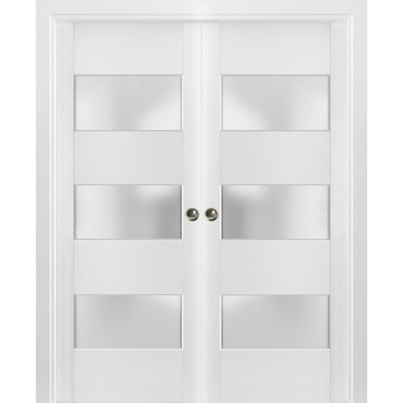 Sliding French Double Pocket Doors 36 x 84 inches Frosted Glass 3 Lites| Lucia 4070 White Silk | Kit Trims Rail Hardware | Solid Wood Interior Bedroom Sturdy Doors