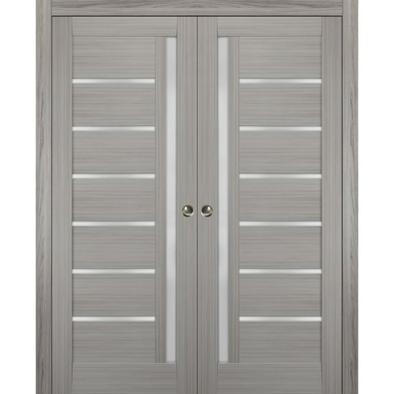 Sliding French Double Pocket Doors 36 x 84 inches Frosted Glass | Quadro 4088 Grey Ash | Kit Trims Rail Hardware | Solid Wood Interior Bedroom Sturdy Doors