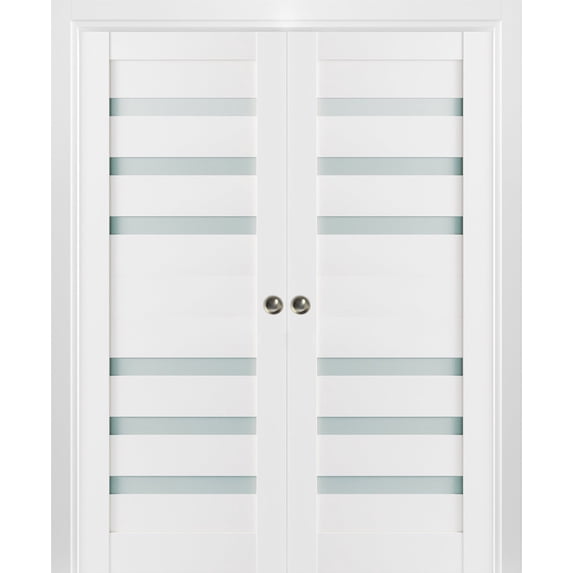 Sliding French Double Pocket Doors 36 x 84 inches Frosted Glass | Quadro 4266 White Silk | Kit Trims Rail Hardware | Solid Wood Interior Bedroom Sturdy Doors