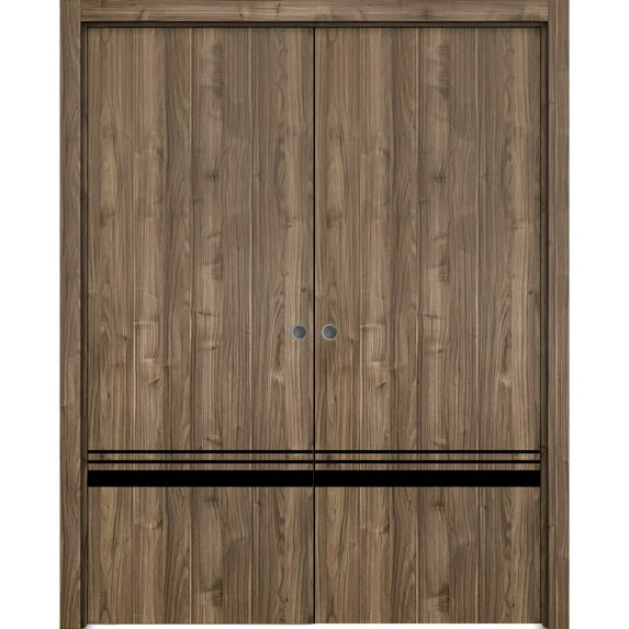 Sliding French Double Pocket Doors 36 x 84 inches | Planum 0012 Walnut with Frosted Glass | Kit Trims Rail Hardware | Solid Wood Interior Bedroom Sturdy Doors
