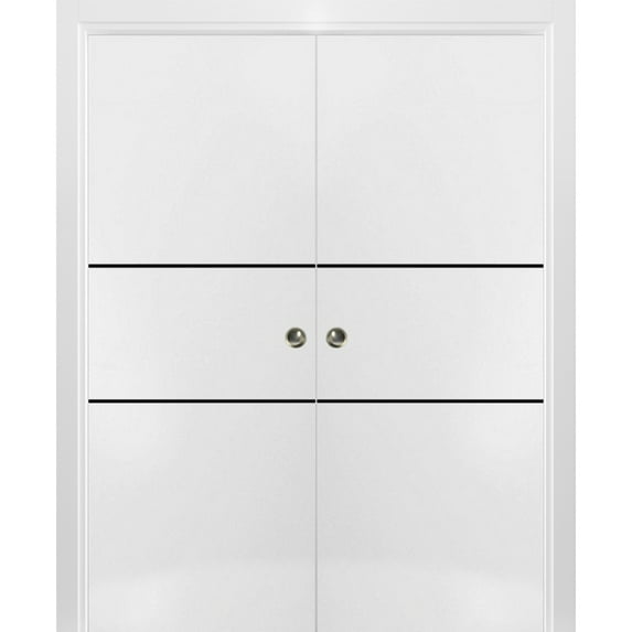 Sliding French Double Pocket Doors 36 x 84 inches | Planum 0014 White Silk with Frosted Glass | Kit Trims Rail Hardware | Solid Wood Interior Bedroom Sturdy Doors
