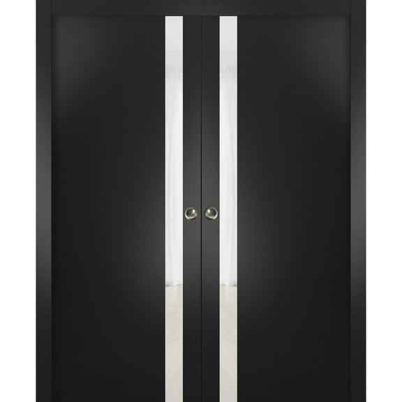 Sliding French Double Pocket Doors 36 x 84 inches | Planum 0040 Matte Black with White Glass | Kit Trims Rail Hardware | Solid Wood Interior Bedroom Sturdy Doors