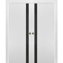Sliding French Double Pocket Doors 36 x 84 inches | Planum 0040 White Silk with Black Glass | Kit Trims Rail Hardware | Solid Wood Interior Bedroom Sturdy Doors
