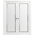 thumbnail image 1 of Sliding French Double Pocket Doors 36 x 84 inches | Planum 0888 Painted White with Frosted Glass | Kit Trims Rail Hardware | Solid Wood Interior Bedroom Sturdy Doors, 1 of 5