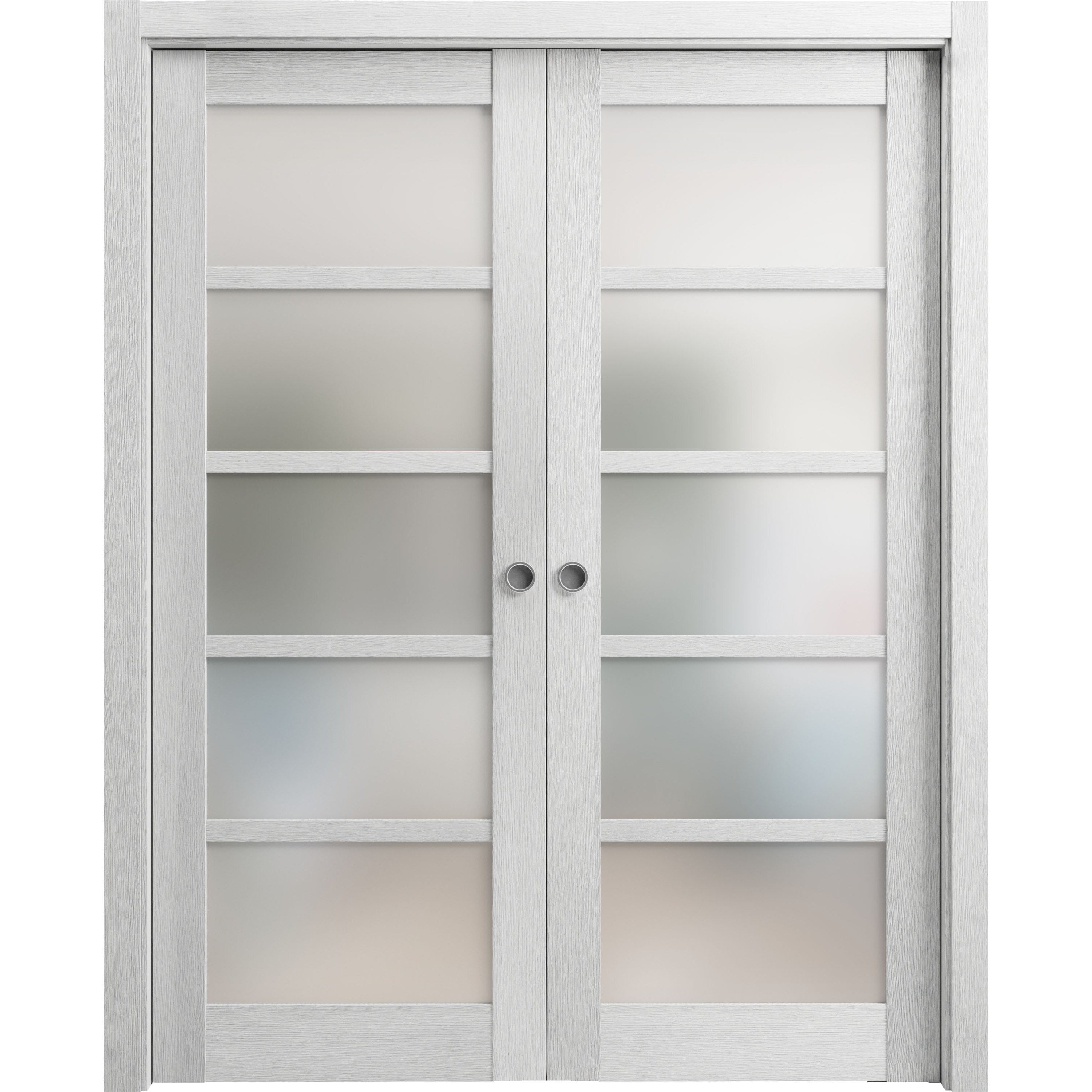 Sliding French Double Pocket Doors 36 X 84 Inches Quadro 4002 Light Grey Oak With Frosted 5156