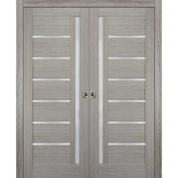 Sliding French Double Pocket Doors 36 x 96 inches Frosted Glass | Quadro 4088 Grey Ash | Kit Trims Rail Hardware | Solid Wood Interior Bedroom Sturdy Doors