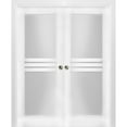 thumbnail image 1 of Sliding French Double Pocket Doors 36 x 96 inches Opaque Glass 4 Lites / Mela 7222 White Silk / Kit Rail Hardware / MDF Interior Bedroom Modern Doors, 1 of 7