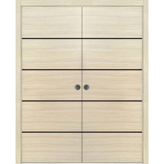 Sliding French Double Pocket Doors 36 x 96 inches | Planum 0015 Natural Veneer with Frosted Glass | Kit Trims Rail Hardware | Solid Wood Interior Bedroom Sturdy Doors