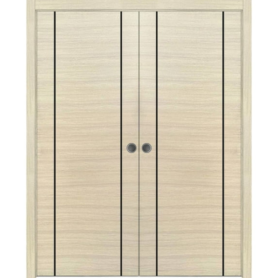 Sliding French Double Pocket Doors 36 x 96 inches | Planum 0017 Natural Veneer with Frosted Glass | Kit Trims Rail Hardware | Solid Wood Interior Bedroom Sturdy Doors